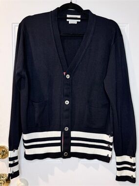 Authentic Thom Browne Navy Wool Cardigan Sweater Stripe Trim Made in Scotland SM